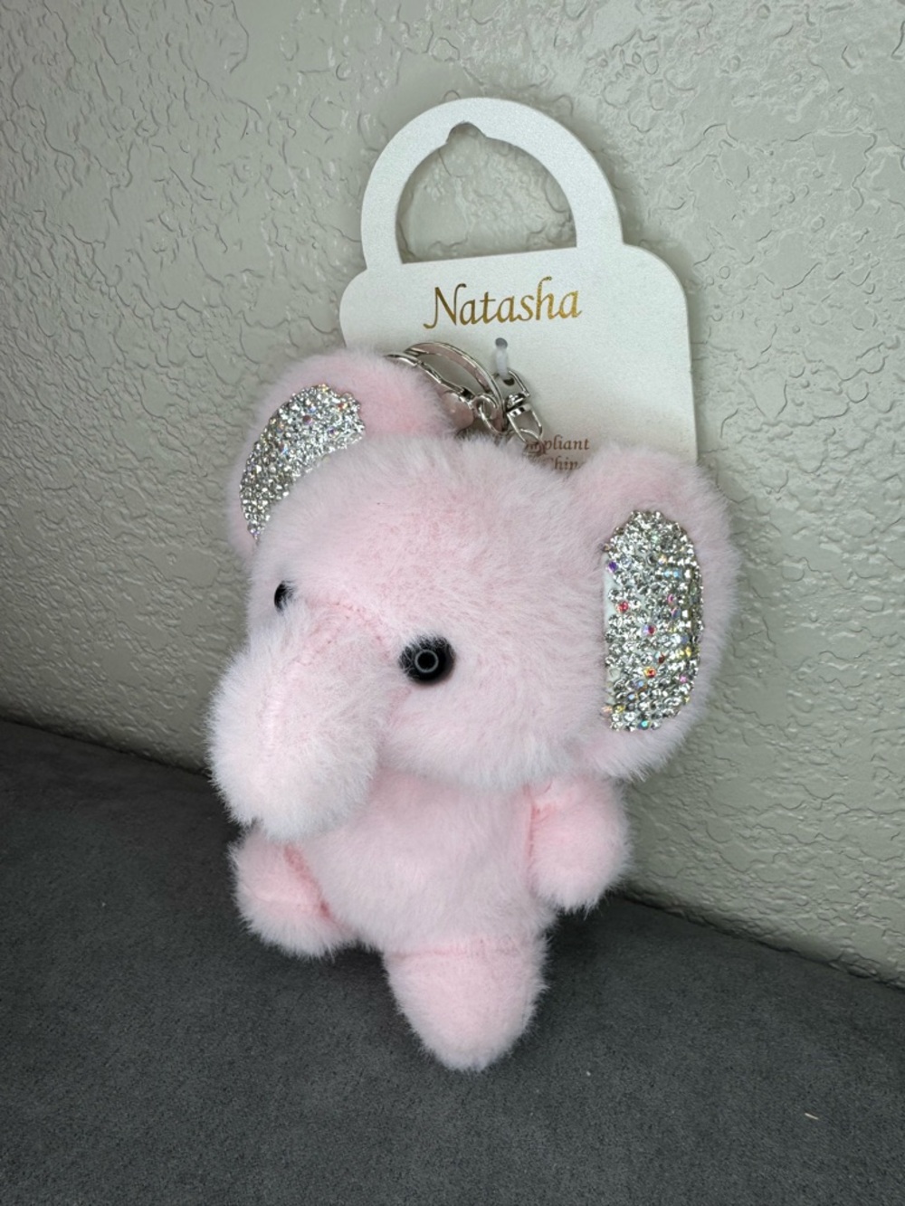 Natasha Pink Elephant Bag Charm Keychain NWT Rhinestone Ears Fuzzy Purse Charm - Picture 2 of 5